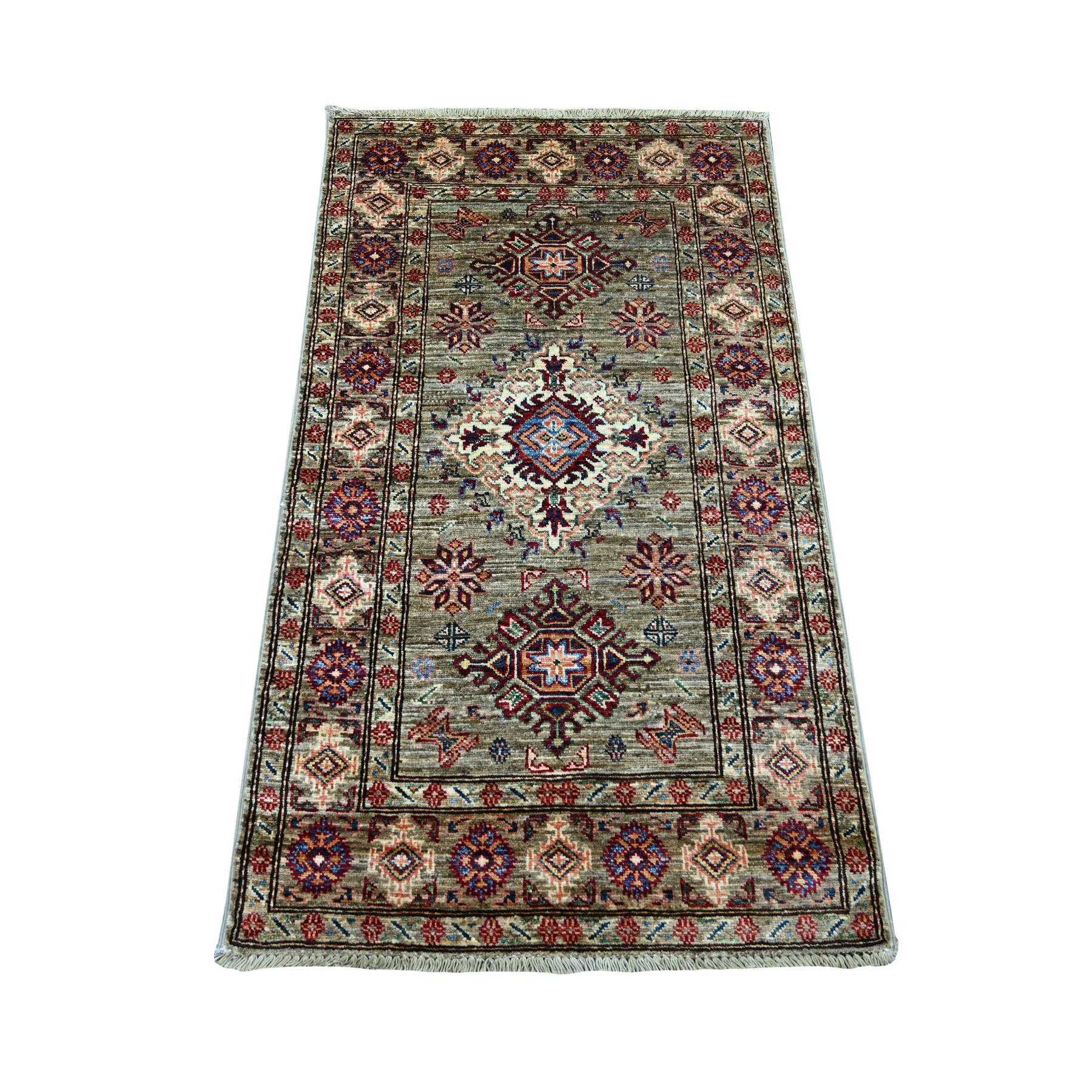 2'7"x4'6" Sage Green, Hand Knotted, Afghan Super Kazak with Geometric Medallions Design, Vegetable Dyes, Pure Wool, Oriental Rug 